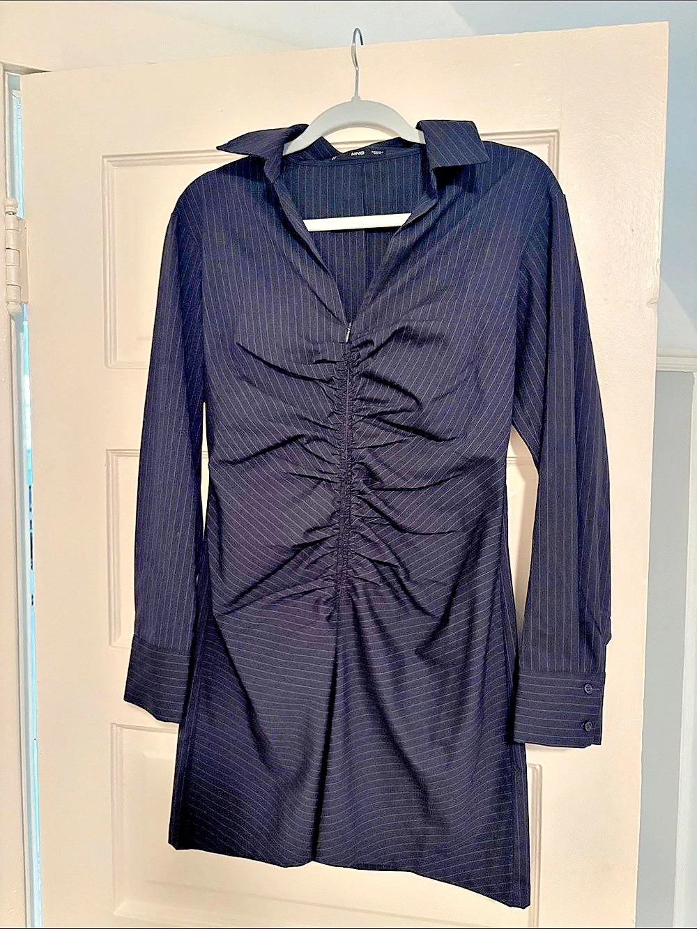 Mango Ruched Side Pinstripe Zip Down Mini Dress Black